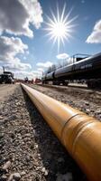 A yellow pipe laying on the ground with a sun in the background photo