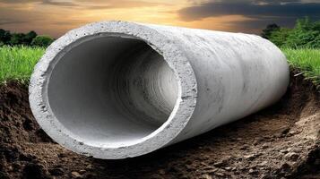 A large concrete pipe is sitting in the dirt photo