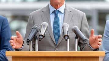 A man in a suit and tie is giving a speech photo