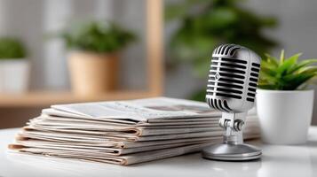 Microphone and newspaper on a table photo