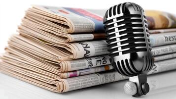 A microphone and newspaper on a white background photo
