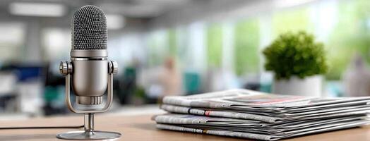 A microphone and newspaper on a table photo