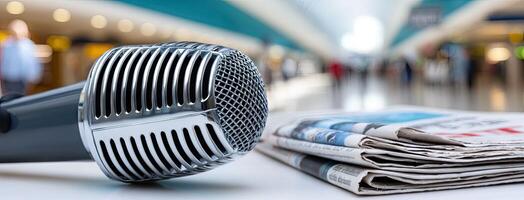 Microphone and newspaper on a table in an airport photo