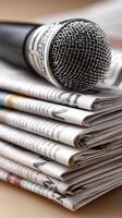 A microphone sits on top of a stack of newspapers photo