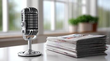 A microphone and newspaper on a table in front of a window photo