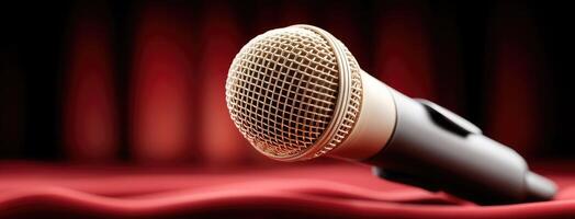 Microphone on red cloth background with red curtain photo
