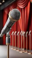 Microphone on stage with red curtain and stage photo