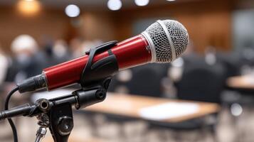 Microphone in conference room with blurred background photo