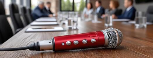 A microphone on a wooden table in front of a group of people photo