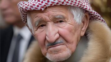 An old man wearing a red and white scarf photo