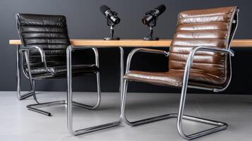 Two leather chairs sit on a metal table photo