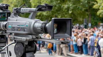 A camera is set up on a street corner photo