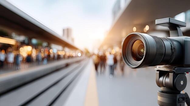 un cámara es en un trípode en frente de un tren estación foto