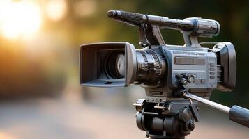 A camera is on a tripod in front of a blurred background photo