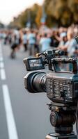 A camera is filming a crowd of people photo