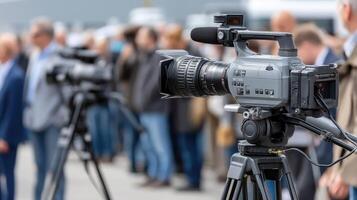 camera on tripod in front of a crowd photo