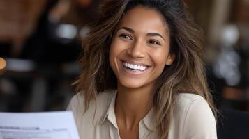 A smiling woman holding a piece of paper photo