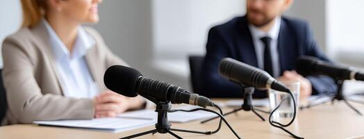 Two people sitting at a table with microphones photo