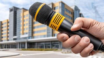 A person holding a microphone in front of a building photo