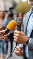 A man in a suit holding a microphone and talking to someone photo