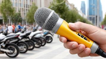 A person holding a microphone in front of a group of motorcycles photo