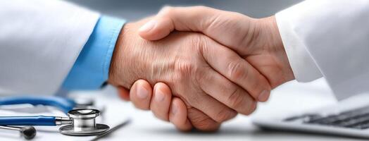 Two doctors shaking hands over a table with a laptop photo