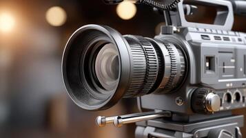 A camera is shown in front of a blurry background photo