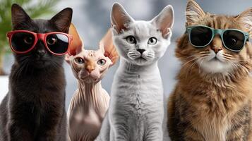 Four cats wearing sunglasses and posing for the camera photo