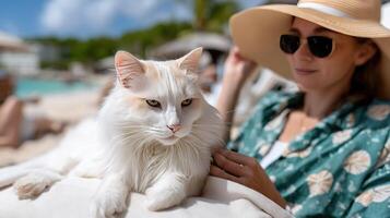 A woman in a hat and sunglasses sitting on a beach with a white cat photo