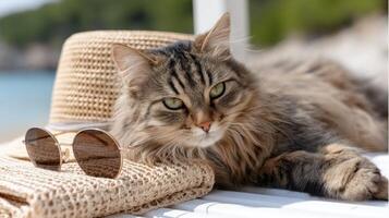 A cat with sunglasses and hat laying on a beach photo