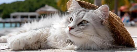 A cat wearing a straw hat on the beach photo