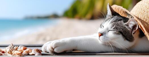 A cat laying on a beach with a hat on photo