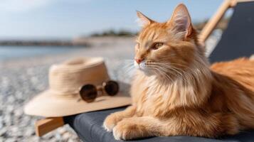 An orange cat with sunglasses and hat on a beach photo