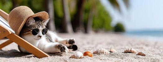 A cat wearing sunglasses and a hat on the beach photo