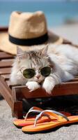 A cat wearing sunglasses and a hat laying on a beach photo