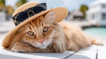 An orange cat wearing a straw hat and sunglasses photo