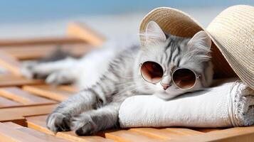 A cat wearing sunglasses and a hat laying on a beach chair photo