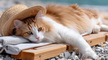 An orange and white cat laying on a wooden bench photo