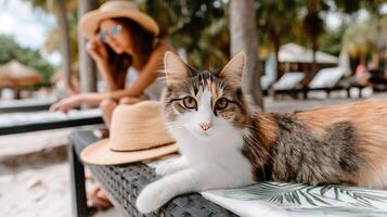 A cat laying on a beach with a woman in a hat photo