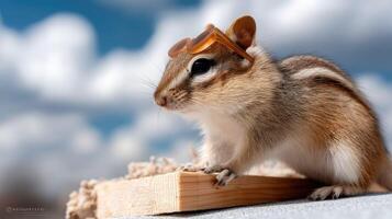 Chipmunk wearing sunglasses on a wooden plank photo