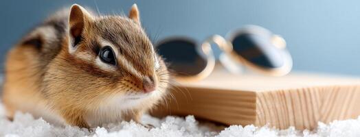 Chipmunk wearing sunglasses on snow photo
