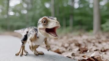 A small dinosaur with its mouth open photo