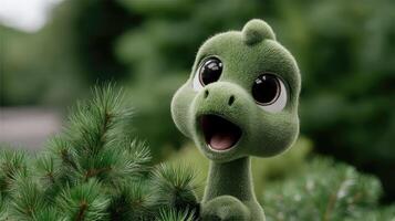 A green dinosaur with its mouth open and eyes wide photo