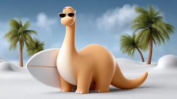A cartoon dinosaur with sunglasses and a surfboard photo