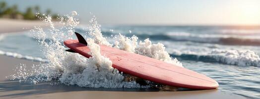 A red surfboard is on the beach photo