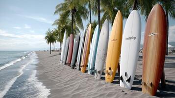 A row of surfboards lined up on the beach photo