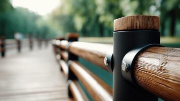 A wooden railing with a metal post on it photo