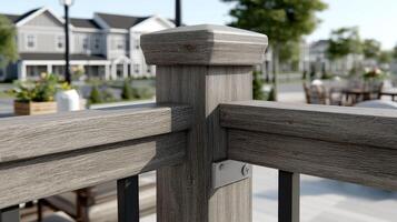 A wooden railing with a metal post and a wooden post photo