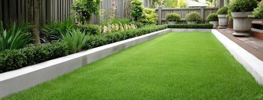 A garden with artificial grass and plants photo