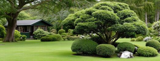 A garden with a house and trees in the middle photo